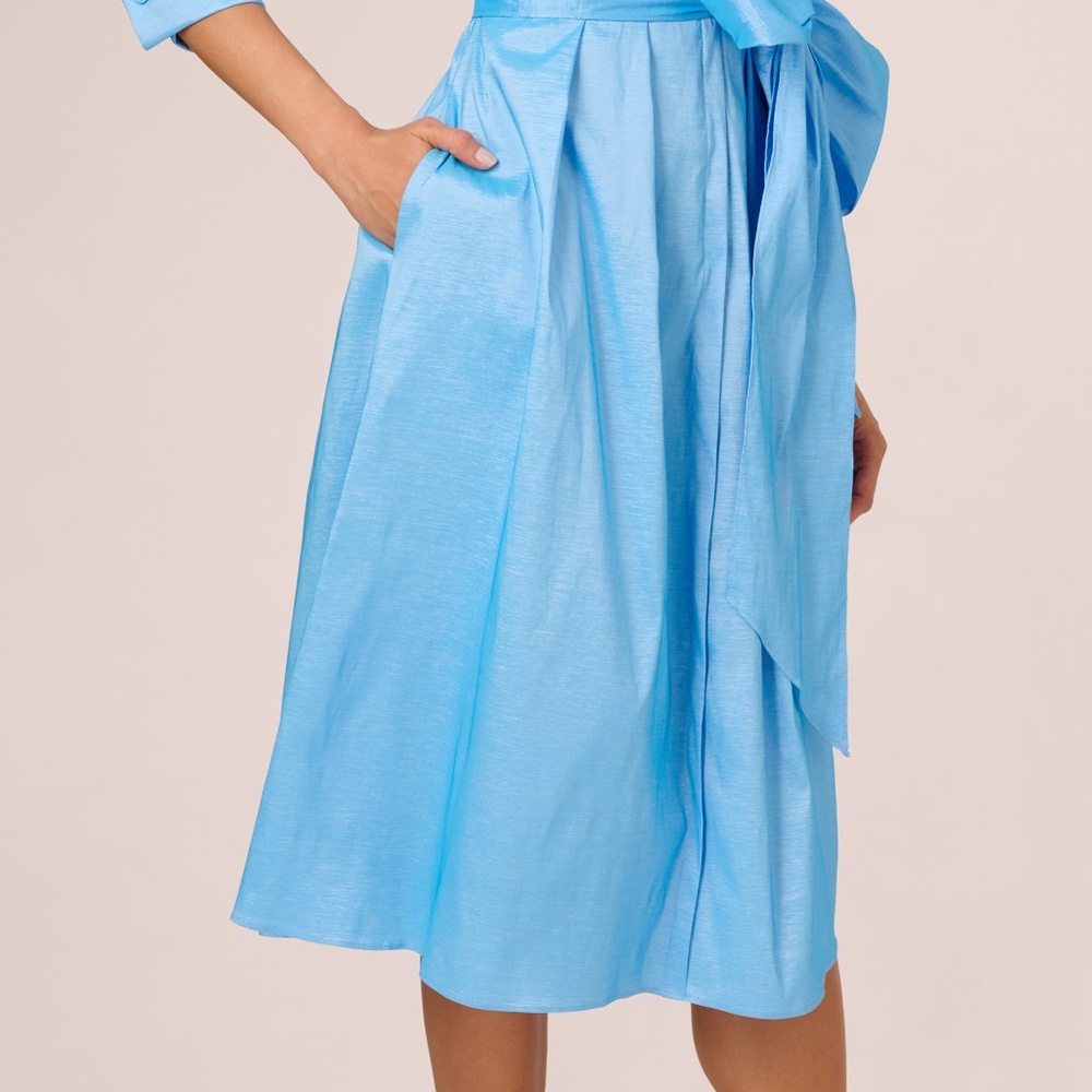 ADRIANNA PAPELL Three Quarter Sleeve Taffeta Midi Shirt Dress In Bluebell - Picture 6 of 6